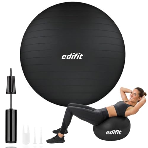 EDIFIT, Ballon Grossesse, 55, 65 et 75, Swiss Ball, Gym, Pilates, Gonfleur Inclus, Fitness Materiel, Gymnastique, Yoga Accessoires (55cm, Noir)