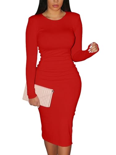 XXTAXN Damen Sexy Bodycon Langarm Rundhals Arbeit Büro Maxi Bleistiftkleid - Rot - Groß