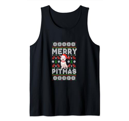 Funny Pitbull Christmas - Merry Pitmas - Ugly Sweater Tank Top
