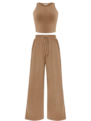 REORIA Women Cotton Crew Neck Tracksuit Sleeveless Slim Crop Tops and Wide Leg Pants Soft Lounge Wear Set Two Piece Outfit Co Ord Sets Brown S - Image 5