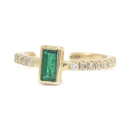 Natural Baguette Zambia Emerald Diamond Ear Cuff Earrings Solid 14K Yellow Gold Cartilage Conch Piercing Handmade Jewelry