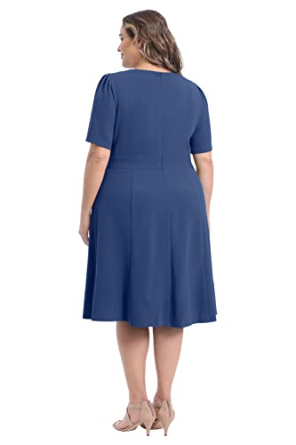 Image of London Times Women's Knit Eyelet Short Sleeve Crepe Inset Waist Midi with Button Detail