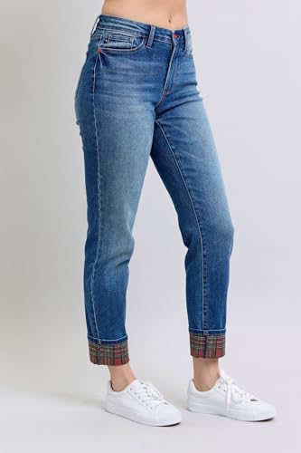 Judy Blue Women's Plaid Print Cuff Straight Leg Jeans with Pockets3