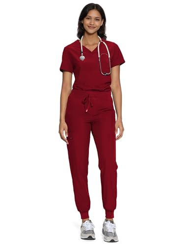 floralhue Scrubs for Women, Women's Medical Scrub Sets, V-Neck Scrubs Top & Cargo Pants with 12 Pockets, Burgundy, S