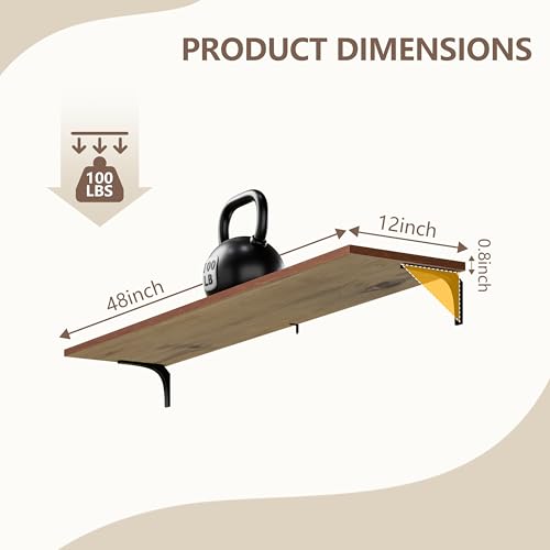 Image of Deep Floating Shelves, 12 Inch Extra Wide Solid Wood Wall Shelves, 48 Inch Long Heavy Duty Wall Mounted Bookshelf for Living Room, Kitchen and Bedroom, Set of 3 (Brown)