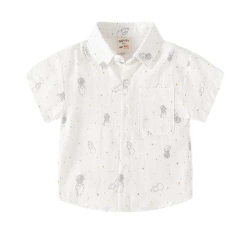 Toddler Baby Boys Loose Lapel Cartoon Printed Short Sleeve Pique Polo Shirt Summer Casual Blouse Top with Pocket (White,90/18-24 M,Unisex,Big Kid,US,Age,18 Months,24 Months)