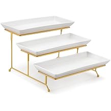 MALACASA 3 Tier Serving Trays for Party, 14 Inch Porcelain White Trays for Serving Food, Dessert Stand with Collapsible Gold Metal Rack