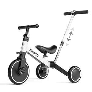KORIMEFA Triciclos para Niños, 4 en 1 Una Bici Multifunción, Adecuado para niños de 1-3 años,Triciclo,Bicicleta,Carro de Equilibrio,Caminante, Altura del Asiento Regulable (Blanco(con Mango))
