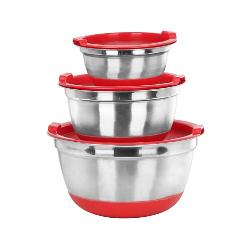 Image of Stainless Steel Anti Skid Mixing Serving Storage Bowl with Inner Lid; Red; Set of 3 Pcs; 450ml, 1400ml, 2800ml Respectively