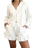 Sotimoon Womens Ruffle Short Sets 2 Piece Outfits Fashion Summer Tie Front Top and Shorts Cotton Pajamas Set