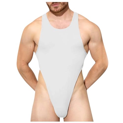 Ropa interior sexy para hombre, talla única, boxeador, ropa interior, mono, camiseta deportiva, brillante, sedosa, transpirable, de leotardo, para hombre, aceite, brillo, sin mangas, mono, O blanco