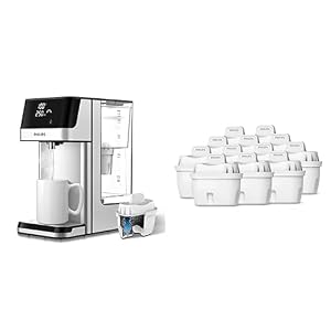 Philips Wasser Station, Spender für gefiltertes heißes Wasser & Wasserfilter-Kartuschen, 12er-Pack, Brita-kompatibel, reduziert MIKROPLASTIK, CHLOR, Kalk, SCHWERMETALLE