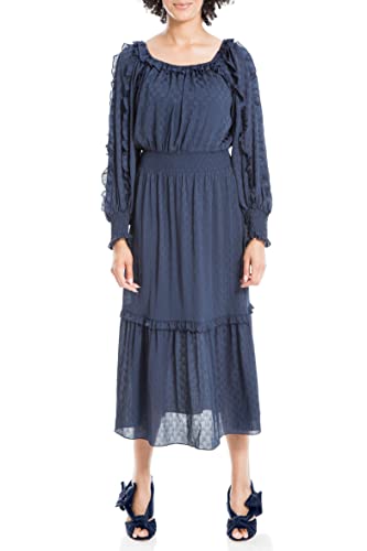 max studio navy blue dress Max Studio navy blue floral embroidered, scalloped hem dress, size medium
