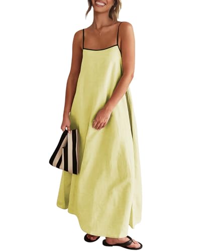 Image of Senllen Women's Linen Dress Summer Loose Flowy Sundress Contrast Spaghetti Strap Sleeveless Backless Beach Maxi Long Dresses