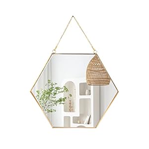 LONGWIN Hanging Wall Hexagon Mirror Decor Gold Geometric Mirror with Chain for Bathroom Bedroom Living Room 11.8″x 10.2″