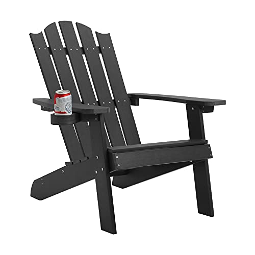 Melucivi Adirondack Chair Weather Resistant with Cup Holder, Fire Pit Chair Patio Outdoor Garden Resin Adirondack Chair for Adult, Black