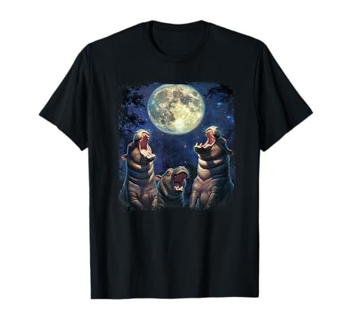Noche Lunar Mágica - Aullando a la Luna Llena Tres Hipopótamo Camiseta