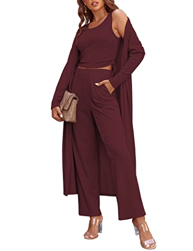 Image of Ekouaer Women's 3 Piece Lounge Set Pajama Long Sleeve Cardigan Sleeveless Top Pants Sweatsuit S-XXL