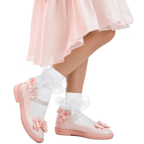 Image of Yolev 3 Pairs Lace Socks for Girls White Ruffle Socks White Crew Cute Frilly Ankle Lettuce Dress Sock Lightweight Cotton Sock