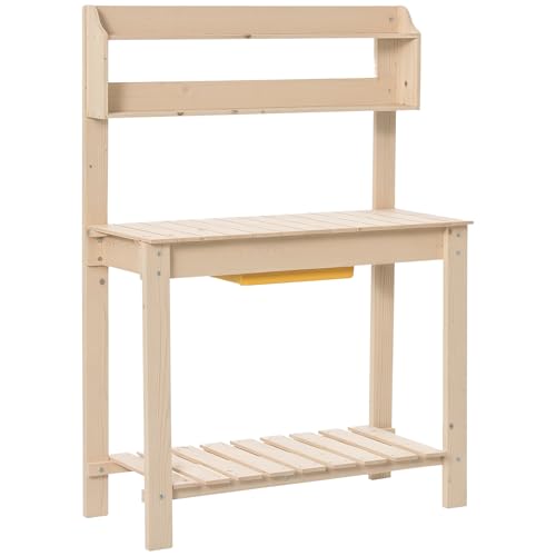 Outsunny Garden Potting Bench w/Sliding Tabletop, Wooden Workstation w/Dry Sink, Outdoor Workbench Potting Table w/Storage Shelf & Hooks, Natural