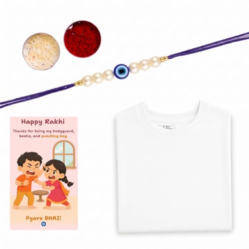 Image of Evil Eye Pearl Rakhi with White T-Shirt & Peacock Designer Pooja Thali Gift Combo for Brother, Nazar Suraksha Rakhi, Greeting Card, Roli Chawal, Raksha Bandhan Gift Set for Bhai
