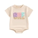 GOOCHEER Infant Baby Girl Birthday Outfit Ice Cream One Embroidery Romper T-Shirt Short Sleeve Bodysuit Summer Clothes (Beige, 6-12 Months)