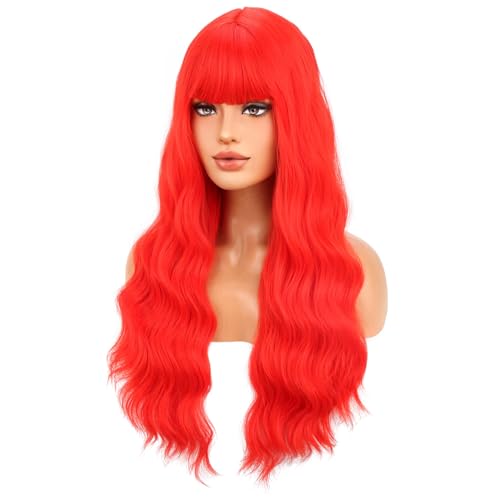 BERON Red Long Curly Wave Wig with Bangs for Women Girls Red Wavy Heat Resistant Synthetic Wig Cosplay Costume Party Daily Wigs