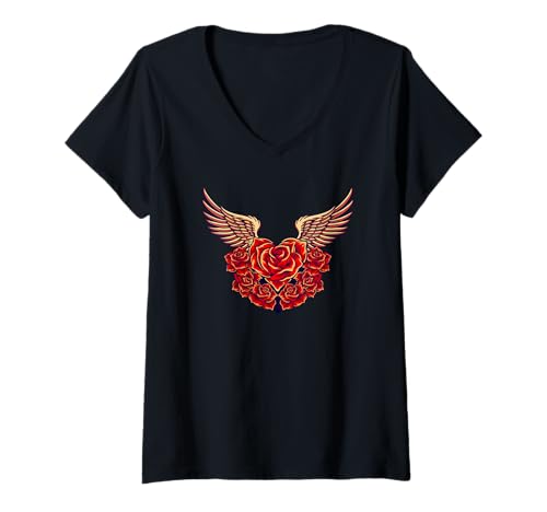Womens Heart Of Roses With Angel Wings - Rose Tattoo Style Design V-Neck T-Shirt