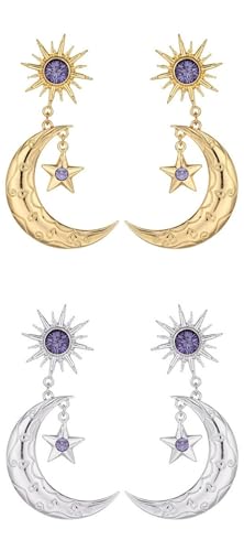 XIGAWAY Brincos femininos, design de estrela e lua roxos, liga de ouro e prata com diamantes de imitação, S, Metal, Sem pedra preciosa