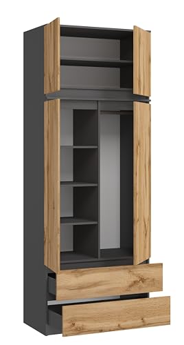 BDW Monia Armoire avec 2 portes et 2 tiroirs, mat, 4 étagères, glissières à roulettes en métal, pour chambre à coucher, garde-robe, bureau...