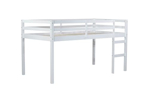 LINKHOO Twin Size Wooden Low Loft Bed with Guardrail and Ladder for Kids, Boys and Girls, No Box Spring Needed, White