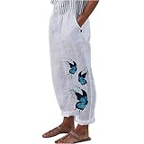 Yuzhih Retro Women Linen Harem Pants with Pockets Boho Comfy High Waist Dragonfly Print Loose Capri