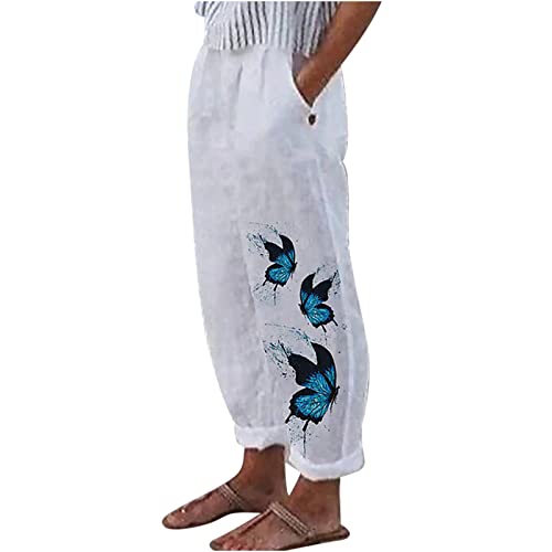 Yuzhih Retro Women Linen Harem Pants With Pockets Boho Comfy High Waist Dragonfly Print Loose Capri Pants Palazzo Trouser(Large,1-Blue) #TOP4