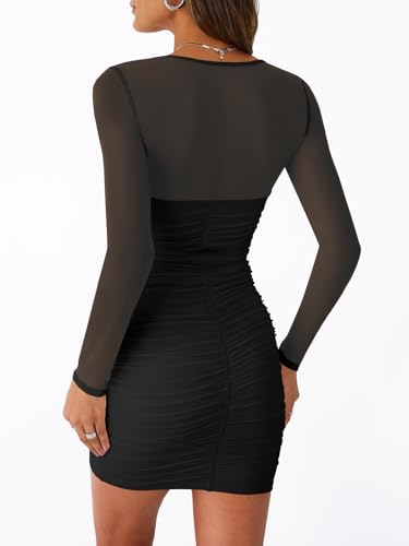 Trendy Queen Mesh Long Sleeve Square Neck Dress for Women Sexy Party Club Ruched Bodycon Mini Dresses4