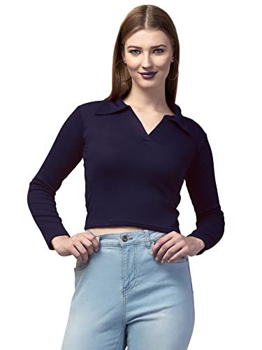Image of Ribbed Polo Collar Full Sleeves Tops for Women