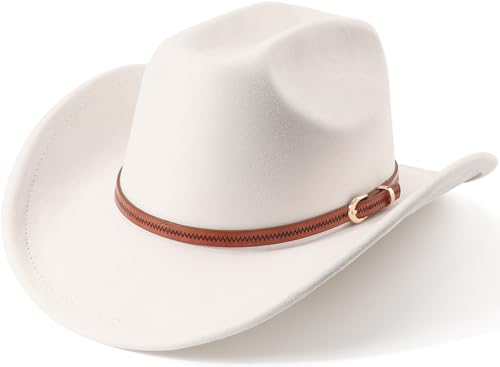 Image of DRESHOW Cowboy Hat for Women and Men Wide Brim Western Cowboy Cowgirl Hat with Belt Buckle Unisex Rolled up Caps