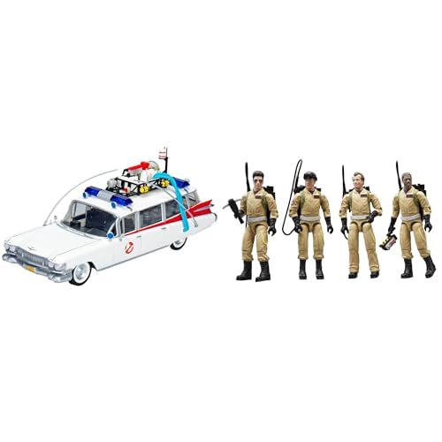 Hasbro Ghostbusters Plasma Series Ecto-1 (1984) 1:18 Scale Vehicle with 40th Anniversary 3.75-Inch O-Ring Action Figure 4-Pack Bundle