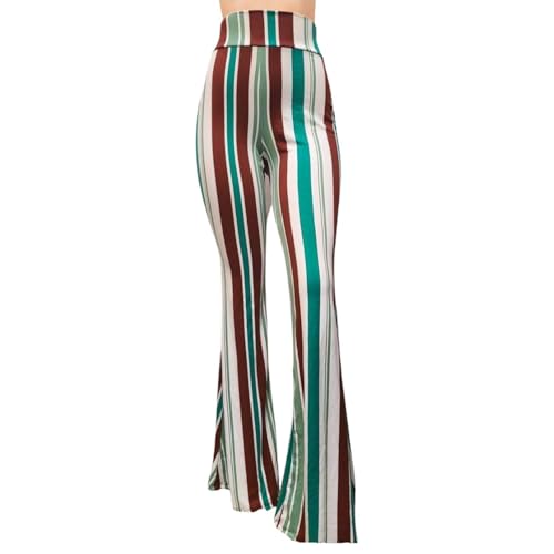ShopMyTrend SMT Women's High Waist Wide Leg Long Bell Bottom Yoga Pants Medium Brown Green Lines