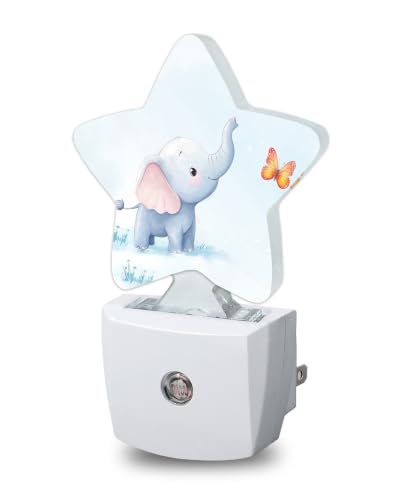 Image of Star Night Light Plug in, Elephant Butterfly Dusk to Dawn Sensor Night Light, Soft Glow Lamp for Kids Bedroom Nursery Hallway Bathroom, Energy Saving Compact Design