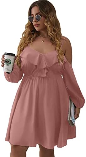 WDIRARA Women’s Plus Size Cold Shoulder Ruffle Trim Bishop Sleeve A Line Dress