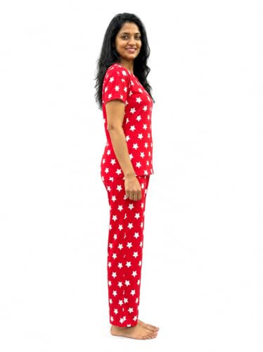 Image of Women's Night Dress | Printed Cotton Night Suit | Pyjama Set with Top and Bottom | Sleepwear | Ladies Night Dress | Casual Nightwear with Pocket | T-Shirt and Pant | Co-ord Set