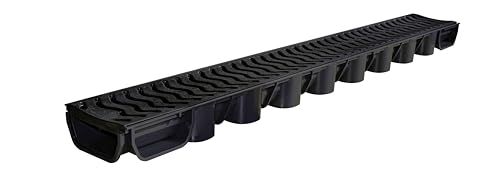 Future Build Supplies Ltd 1 x Black Low Flow Shallow Flow Drain Plastic Grating 50mm Deep x 1m Length x 129mm Width Drainage Channel suitable for Garden and Driveways including endcap & outlet Pack