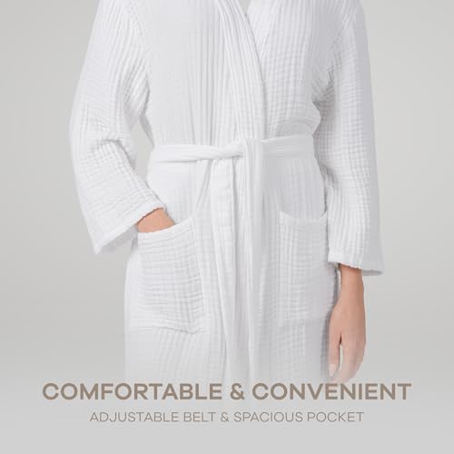 Comfy Cubs 100% Cotton Muslin Bathrobe - 4-Layer Absorbent Robe with Pockets & Belt for Bath, Spa, or Lounging4