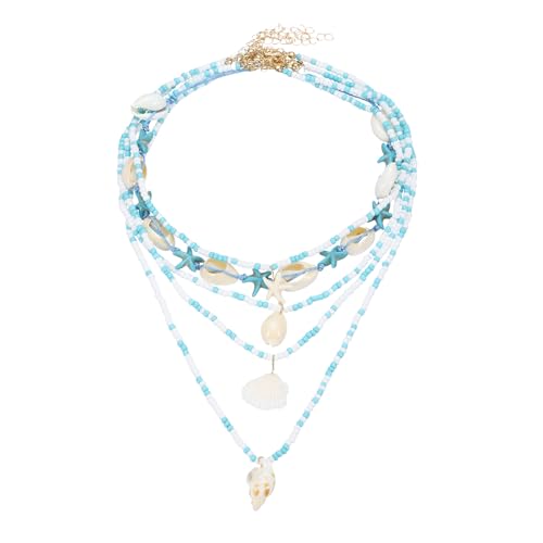 Collier réglable bohème en coquillages bleus et perles de plage faits main
