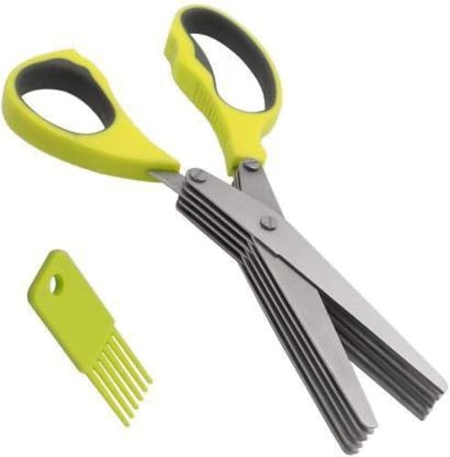 Image of Multipurpose 5-Blade Kitchen Herb Scissors with Stainless Steel Blades & Cleaning Brush Professional Herb Scissors Set - Ideal for Chopping Herbs, Veggies & Paper Slicing