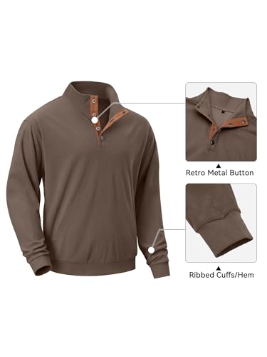 TUREFACE Men's Corduroy Texture Quarter Button Sweatshirt Workwear Sweatshirt Stylish & Durable for Everyday Casual Brown Medium