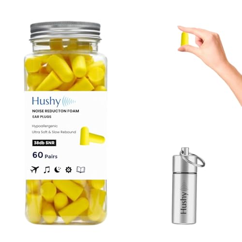 Hushy Premium Foam Earplugs for Sleep & Noise Cancelling, 120 Pack (Yellow) – 38dB SNR Ultra Soft Hypoallergenic Ear Plugs for Sleeping, Study & Travel with Carry Case