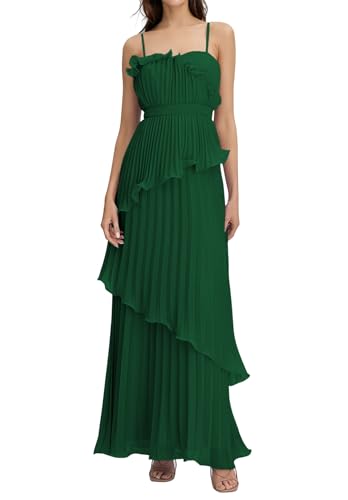 Women Maxi Sleeveless Pleated Bridesmaid Dresses Ruffle Tiered Hem Chiffon Spaghetti Strap Long Formal Party Dress