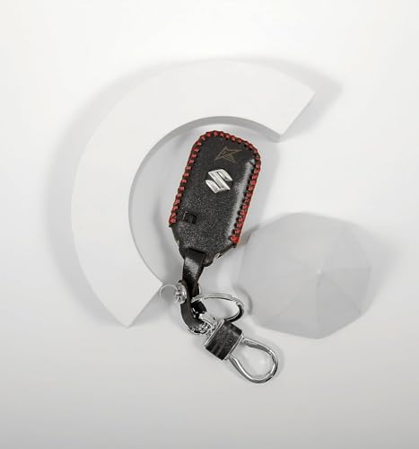 Image of Leather Smart Car Key Cover Case with Metal Hook Keychain for Suzuki Ignis, Baleno, Ertiga, Swift, Dzire (Black)