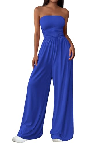 PRETTYGARDEN Womens Trendy Strapless Rompers 2026 Ruched Tube Top Wide Leg One Piece Jumpsuits Beach Vacation Summer Outfits (Royal Blue Medium)